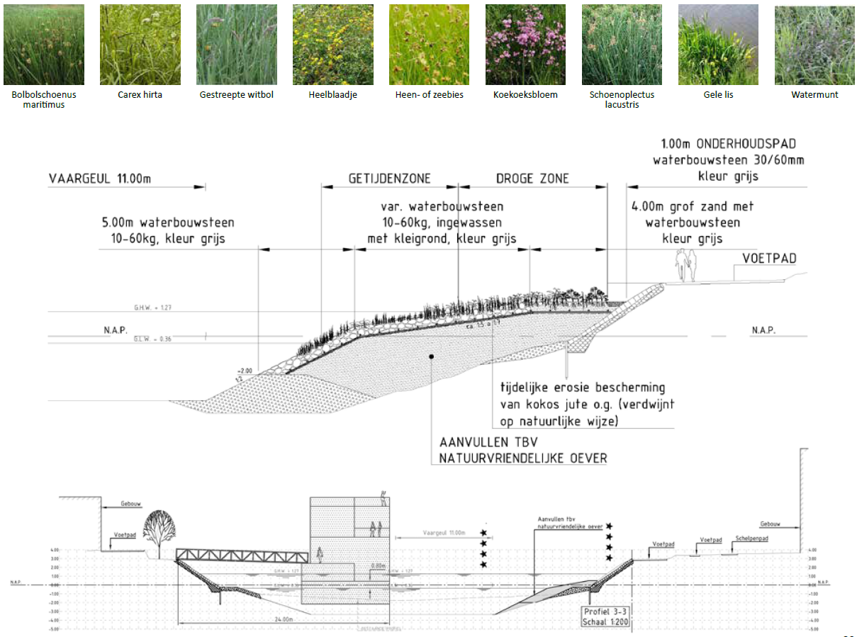 Location of the Nassauhaven project (top), impression of the nature friendly river bank and floating houses (middle) and technical design of the river bank (bottom).