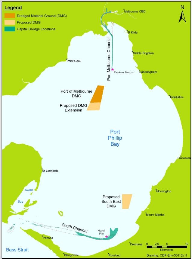 Map of Port Philip Bay with the location of the Port of Melbourne and dredge locations.