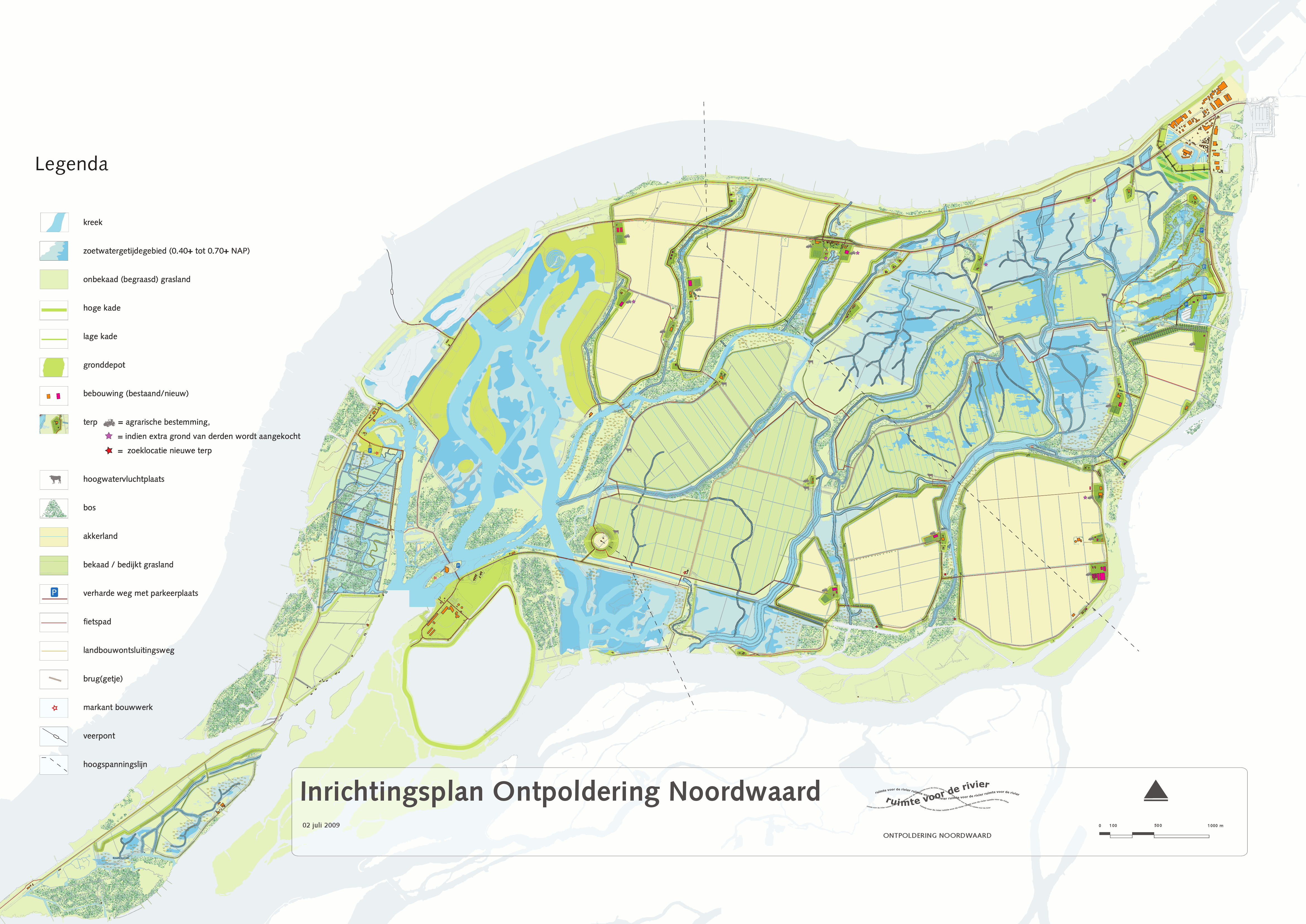 The polder Noordwaard after implementing Room for the River measures. Fort Steurgat can be found in the top right corner. 