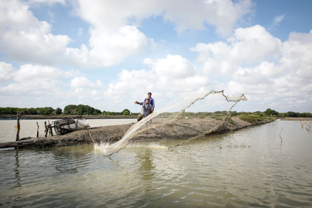 Fisherman casting nets into the river in Purworejo village.